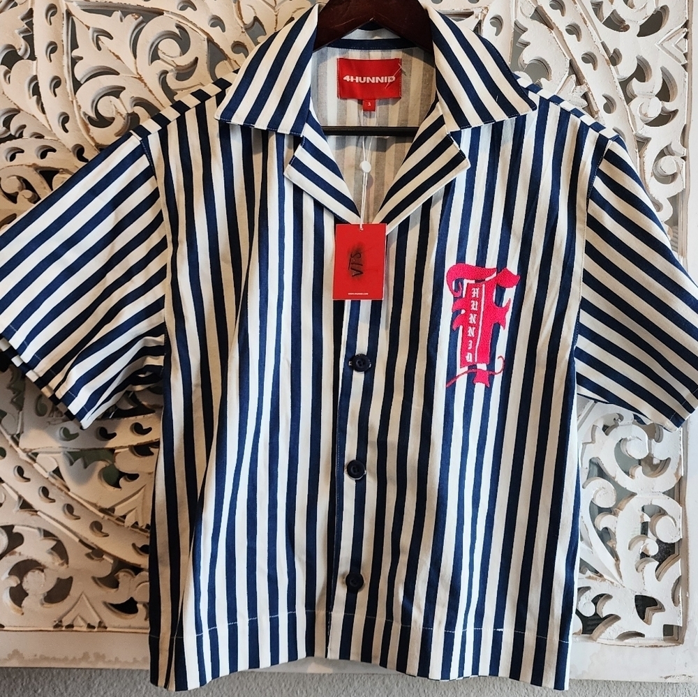 4HUNNID HAVANA STRIPES BUTTON UP CROPPED MENS SHIRT NWT SIZE SMALL